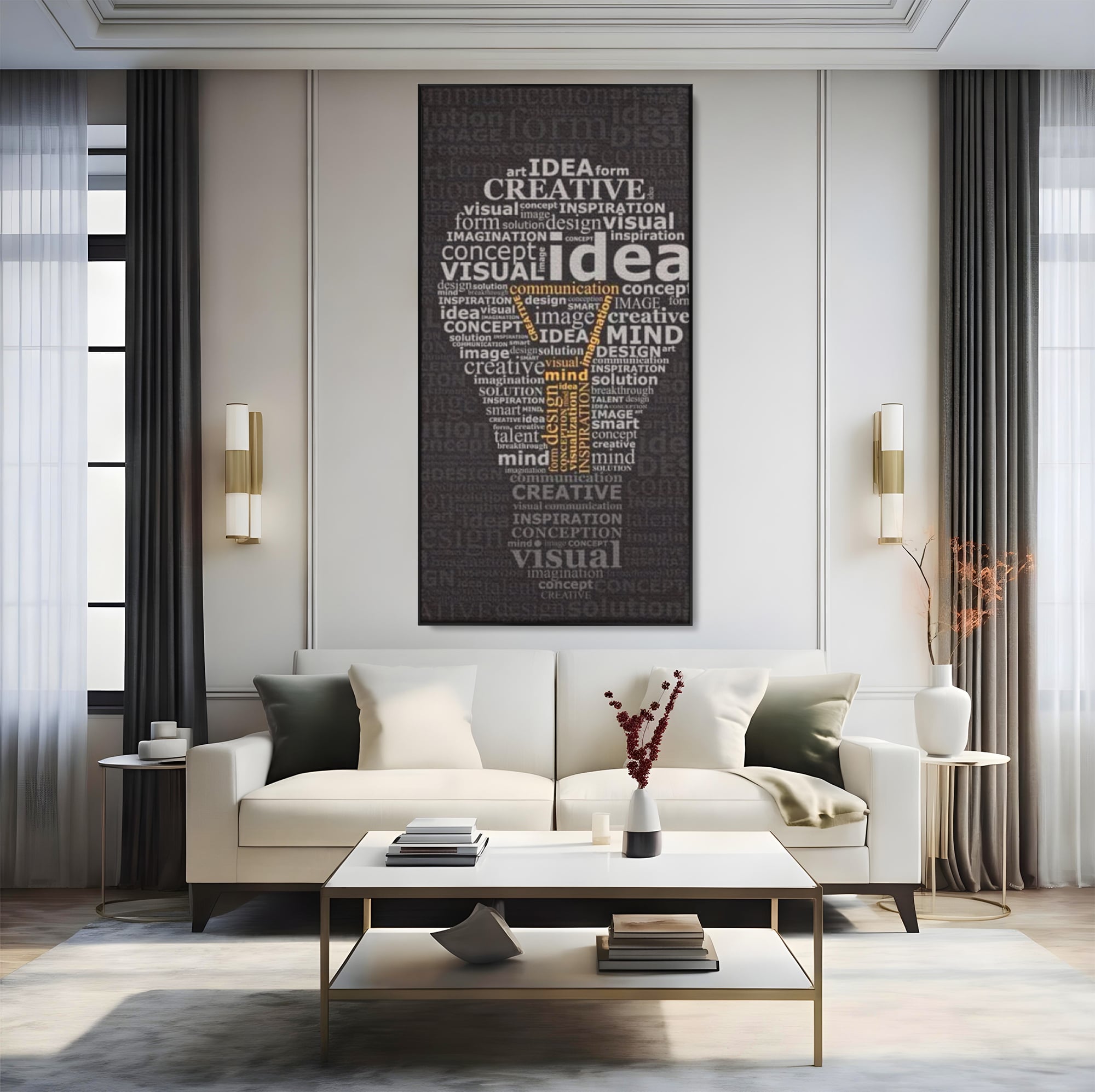 Tablou canvas cu tablou canvas cu silueta de bec formata din cuvinte, in rama de aluminiu negru, pe perete intr-un living